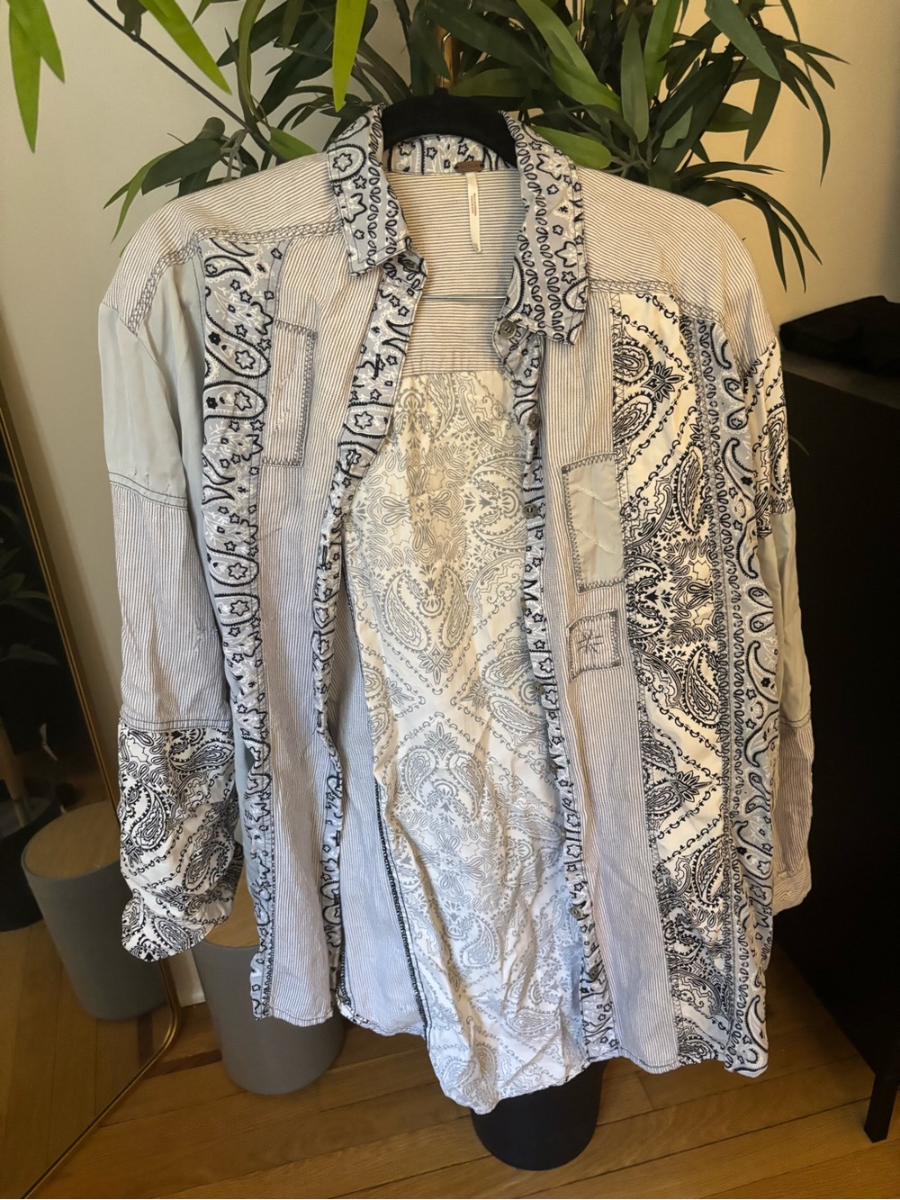 Free People Patchwork Paisley Button-Up Shirt - White & Navy